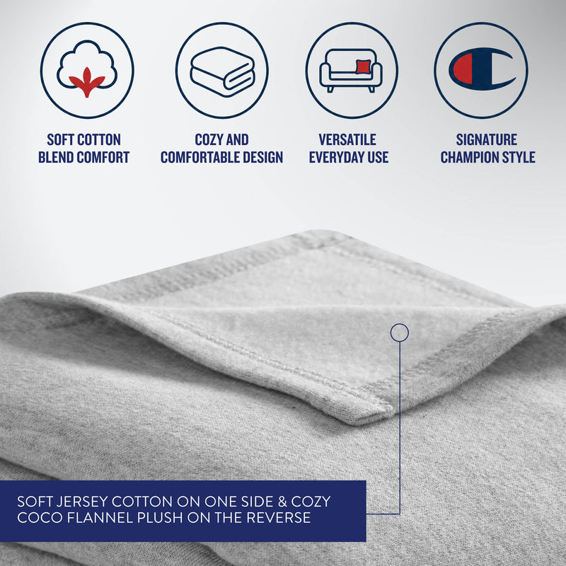 Close-up of the Champion Jersey with Fleece Backing Throw Blanket in gray, featuring icons for soft cotton blend comfort, cozy design, versatility, and signature Champion style. The text highlights a soft jersey cotton front with plush flannel backing—making it perfect as athletic bedding or a comfortable Champion fleece throw blanket for any space.