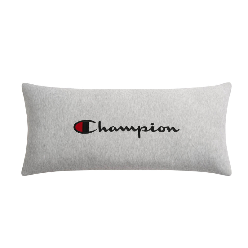 The Champion Jersey Body Pillow features a rectangular gray design with the iconic Champion logo in black text and a red and black "C" at the center. Crafted from soft jersey-knit polyester, this body pillow provides full-length cushioning for ultimate comfort, making it an ideal choice for lounging or relaxing in style.