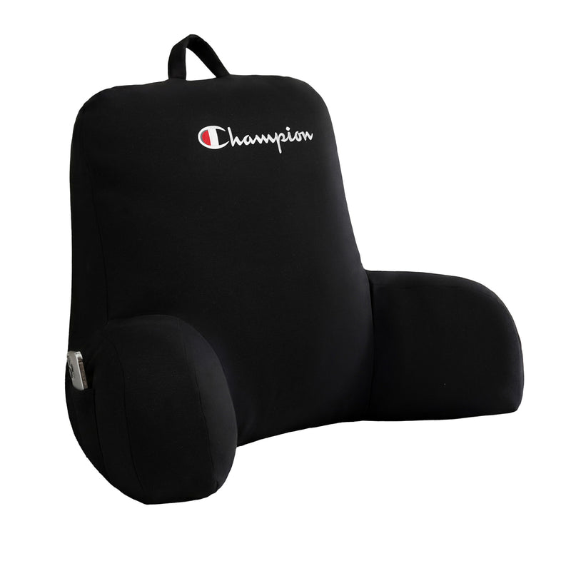 A Champion Jersey Backrest Pillow in black, featuring supportive armrests, a convenient top handle, and “Champion” embroidered in white and red on the upper back—crafted from soft jersey knit for ultimate comfort.