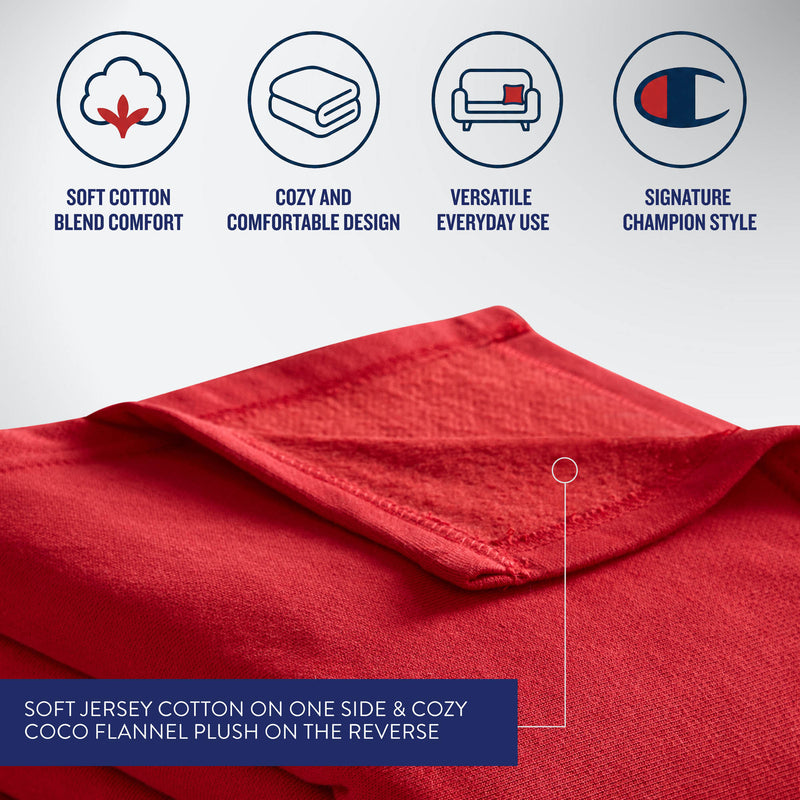 Close-up of a red Jersey with Fleece Backing Throw Blanket from Champion, showcasing its soft texture. Icons above highlight its features: soft cotton blend, cozy design, versatile use, and the signature Champion style. Text describes this Champion throw blanket as having a soft jersey cotton front and plush fleece backing—perfect for athletic bedding or for anyone seeking a stylish jersey knit throw blanket.