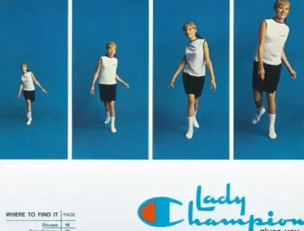 A woman wearing a sleeveless white top, black shorts, and white sneakers poses and walks against a blue background in four panels. The Lady Champion logo is displayed below the images.