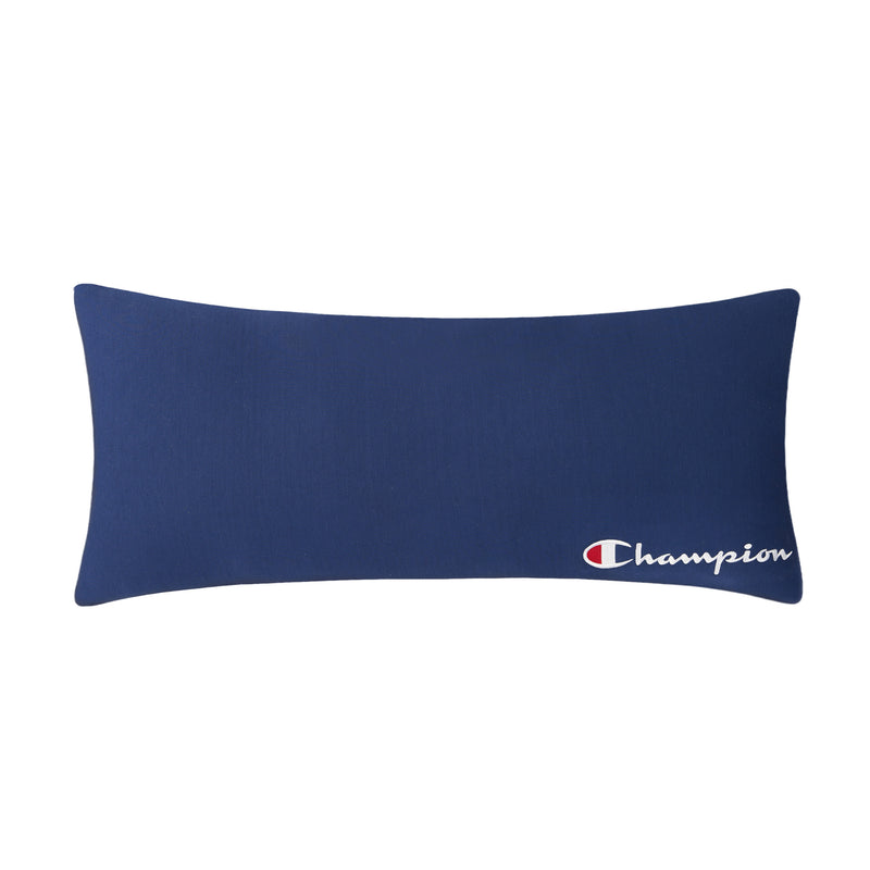 The Champion Jersey Body Pillow features a rectangular shape in blue jersey knit, accented with the Champion brand logo in white, red, and blue on the bottom right corner—making it the ideal athletic-inspired addition to any space.