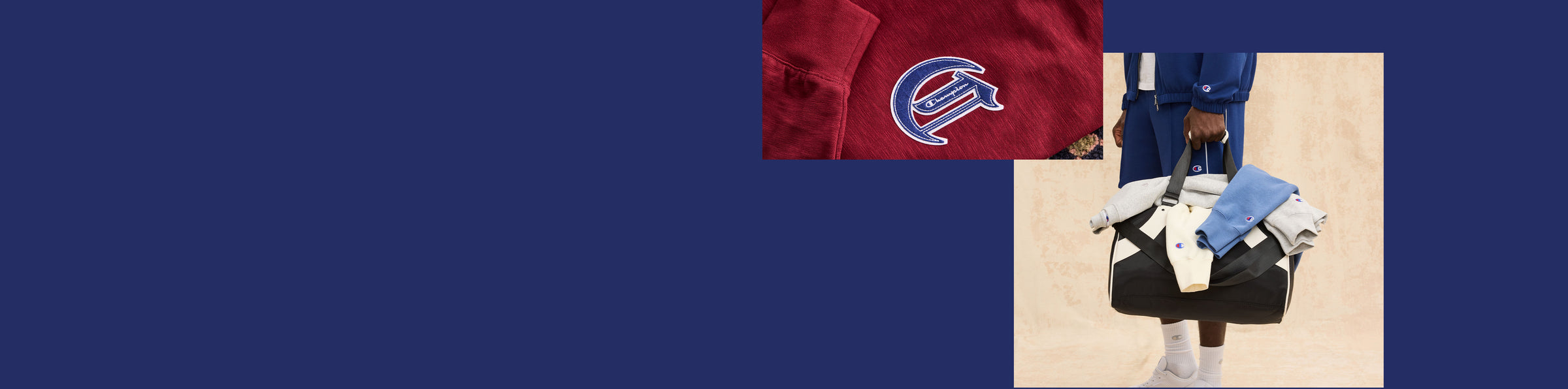 A person wearing a blue tracksuit holds a black duffel bag with folded blue and white garments, set against a beige studio background with a blue border. A cropped inset at the top shows a burgundy corduroy jacket with a stylized blue and white chest emblem.