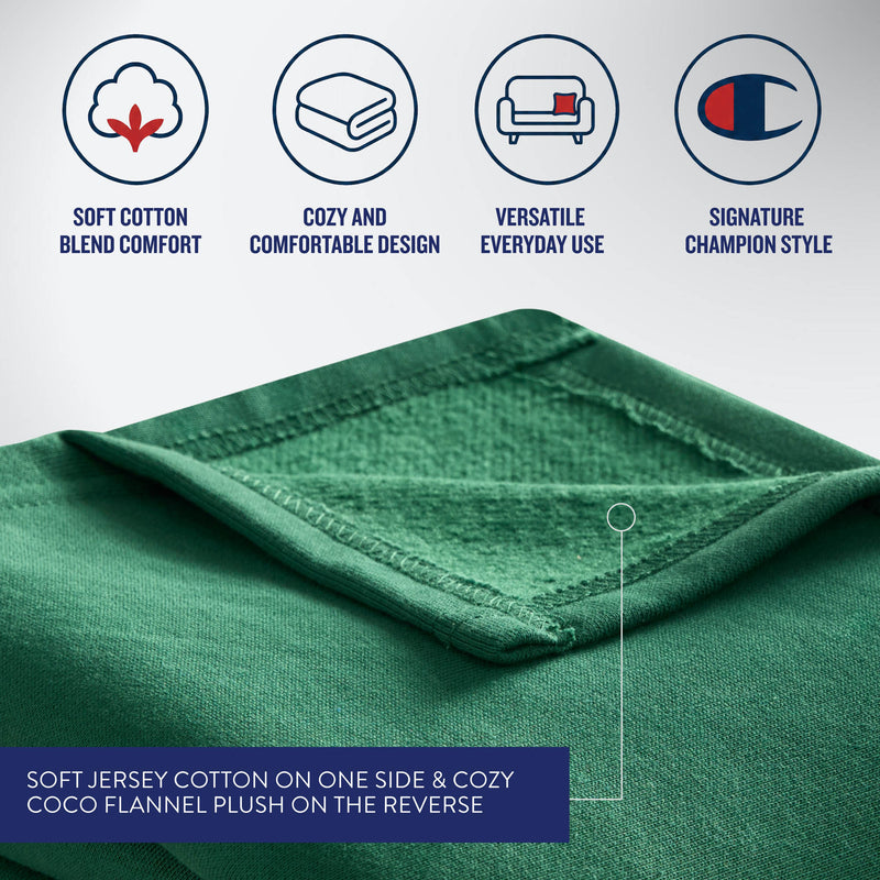 Close-up of green Jersey with Fleece Backing Throw Blanket by Champion highlights its dual textures, with icons and text above noting features: soft cotton blend, cozy design, versatile use, and signature style. Below, text details the luxurious comfort—one side crafted from smooth jersey cotton and the reverse featuring plush fleece for extra warmth.