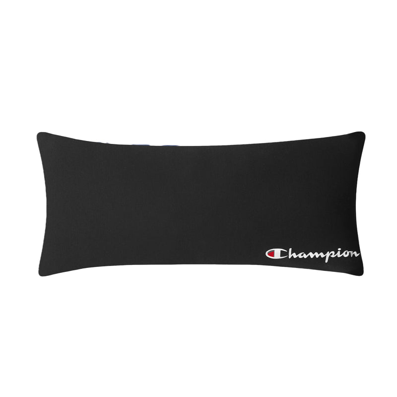 A rectangular black Jersey Body Pillow by Champion, crafted from soft jersey knit and adorned with the classic white, red, and blue Champion logo in the bottom right corner—an ideal athletic accent for any space.