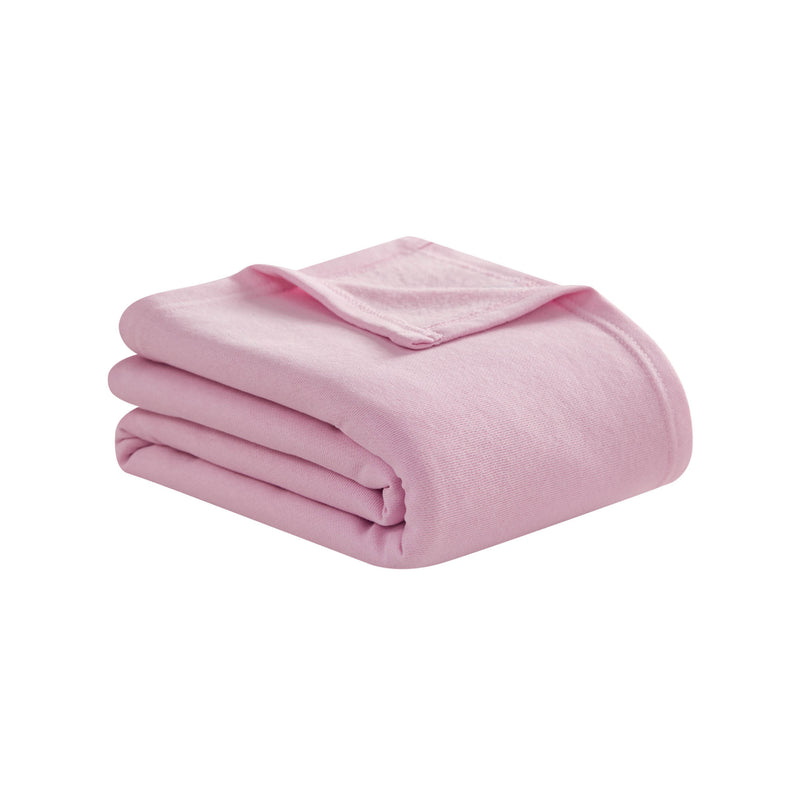 A neatly folded Champion Jersey with Fleece Backing Throw Blanket in light pink, featuring smooth edges and displayed on a white background.