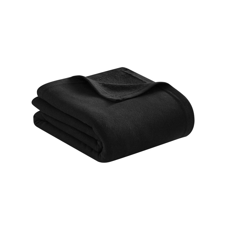A neatly folded black “Jersey with Fleece Backing Throw Blanket” by Champion, featuring rounded edges and displayed on a white background.