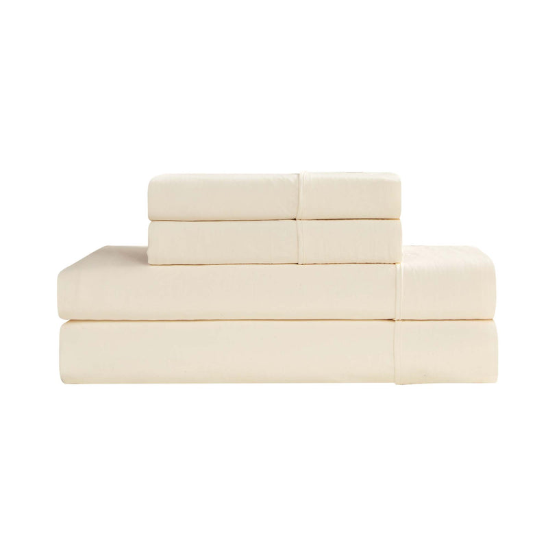 A neatly folded Champion Elastic Logo Microfiber Sheet Set, featuring two pillowcases, a flat sheet, and a fitted sheet with elastic logo detail, is stacked on a white background for everyday comfort.
