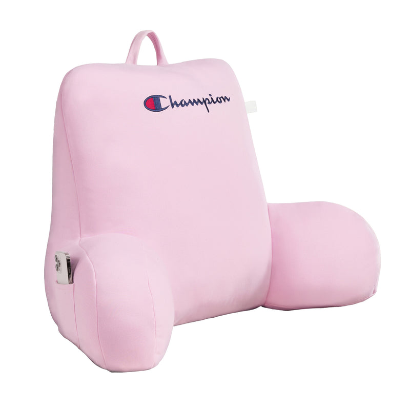 A light pink Champion Jersey Backrest Pillow with arms, featuring the embroidered Champion logo on top, a convenient handle, and a small pocket on one arm.
