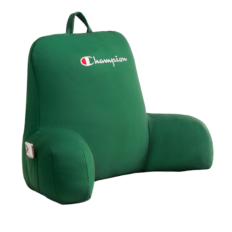 A green Champion Jersey Backrest Pillow with arms, showcasing the iconic Champion logo on the backrest and a handy top handle. This comfortable lounge pillow also features a small side pocket on one arm for extra convenience.