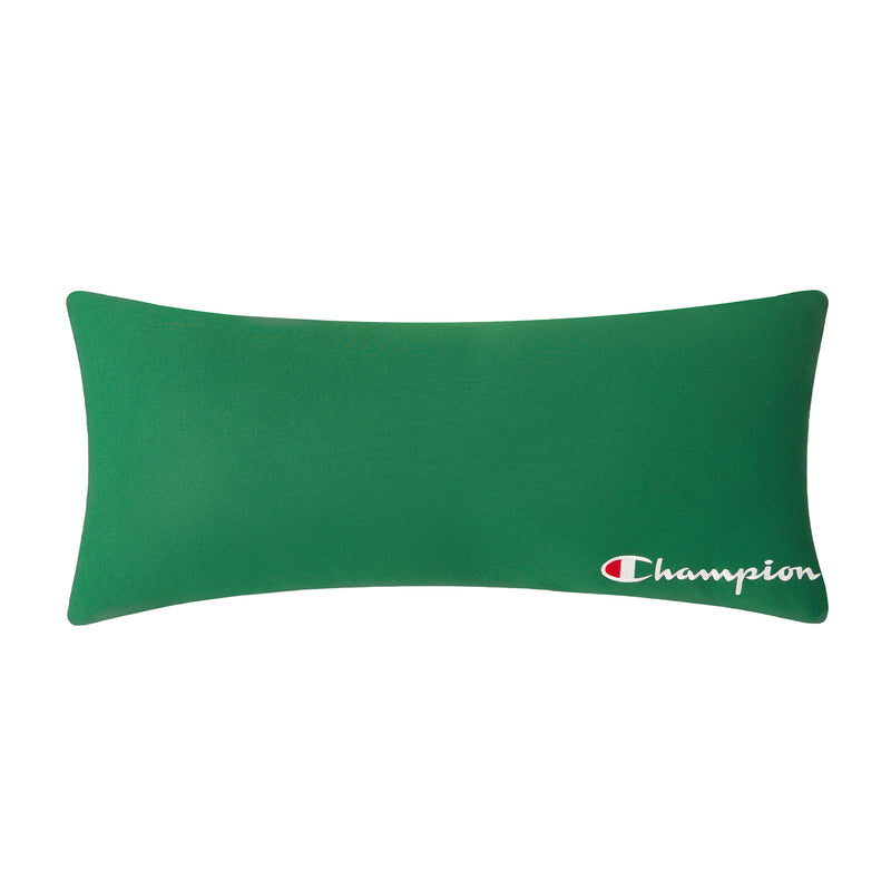 A rectangular green Champion Jersey Body Pillow featuring the iconic logo in white and red in the bottom right corner, perfect as an athletic accent for any space.