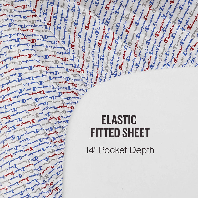 The Champion Printed Microfiber Sheet Set features an elastic fitted sheet with a 14-inch pocket depth, showcasing a bold red, white, and blue Champion logo pattern on one side and a plain white area including the product description. Enjoy exceptional comfort with these super-soft sheets—crafted for both style and everyday practicality from the Champion collection.