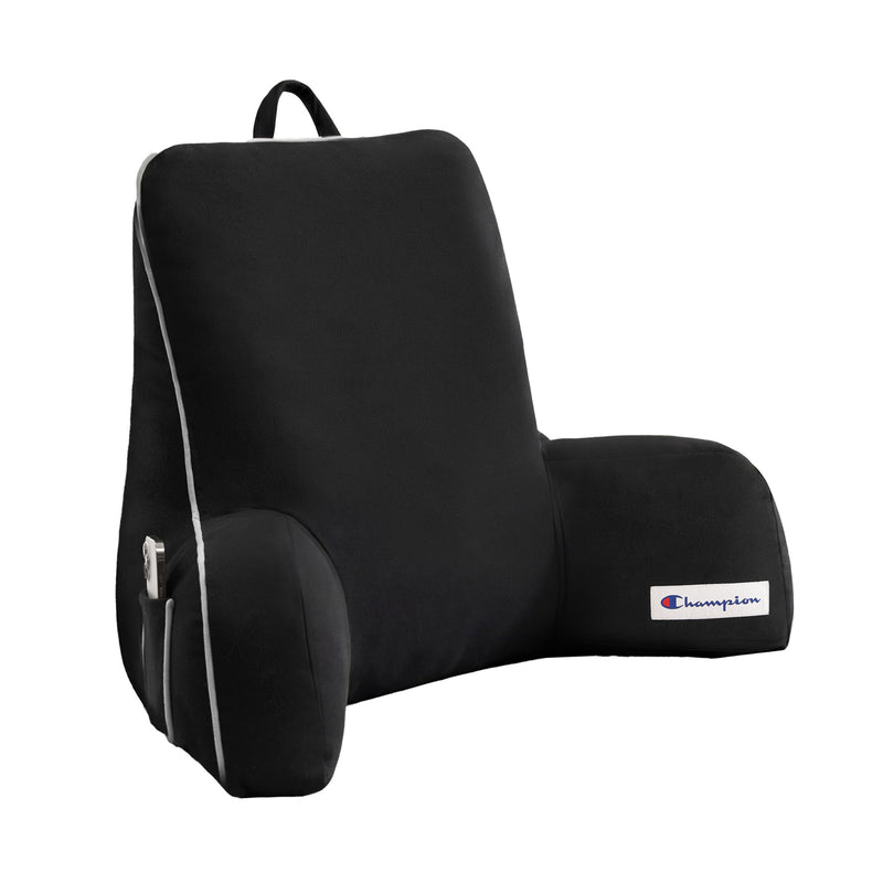 The Champion Faux Wool Backrest Pillow is crafted from soft faux wool for added comfort and features supportive arms, a side pocket, white piping, and a small Champion logo on the right arm. It also includes a convenient carry handle on top.