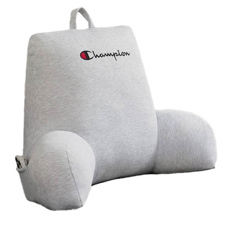 Experience ultimate comfort with the Champion Jersey Backrest Pillow, designed in a soft light gray jersey knit. This pillow features supportive armrests, an embroidered Champion logo on the front for classic brand style, a convenient top handle, and a practical pocket on one armrest.